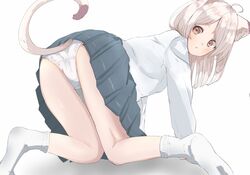  1girl all_fours animal_ear_fluff animal_ears brown_eyes cat_ears cat_girl cat_tail highres hiiragi_ragi light_brown_hair long_sleeves looking_back medium_hair miniskirt original panties pantyshot parted_lips pleated_skirt skirt socks sweater tail underwear white_legwear white_panties 