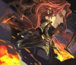  1boy alvis_(fire_emblem) book cape fire fire_emblem fire_emblem:_genealogy_of_the_holy_war long_hair looking_to_the_side nijihayashi red_eyes redhead signature smirk solo 