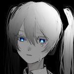  1girl black_background blue_eyes close-up commentary crying crying_with_eyes_open glowing glowing_eyes greyscale hair_ornament hatsune_miku kokutogeroama long_hair monochrome solo spot_color tears twintails vocaloid 