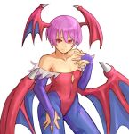  12_(artist) 1girl absurdres animal_print bangs bare_shoulders bat_print blue_legwear breasts collarbone cowboy_shot demon_girl demon_wings gloves hair_between_eyes highres leotard lilith_aensland looking_at_viewer print_legwear purple_gloves purple_hair red_eyes short_hair small_breasts smile solo vampire_(game) white_background wings 