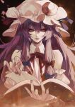  1girl book brown_background crescent crescent_hat_ornament hat hat_ornament highres joker_(stjoker) lips long_hair looking_at_viewer mob_cap nail_polish open_book patchouli_knowledge purple_hair purple_nails simple_background solo touhou upper_body very_long_hair violet_eyes 