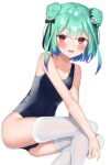  1girl bangs blush collarbone commentary_request double_bun gradient_hair green_hair hair_ornament hair_ribbon hololive k_mugura looking_at_viewer multicolored_hair one-piece_swimsuit open_mouth red_eyes ribbon school_swimsuit short_hair sidelocks simple_background skull_hair_ornament smile solo swimsuit thigh-highs uruha_rushia 