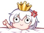  1girl anger_vein cake chibi closed_mouth crown food hbb honkai_(series) honkai_impact_3rd simple_background solo theresa_apocalypse thumbs_up white_background white_hair wide-eyed 