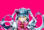  1293852419 1girl blue_hair fake_wings hair_ornament heart heart_hair_ornament highres library_of_ruina long_hair looking_up magical_girl neck_ribbon outline pink_background pink_ribbon queen_of_hatred ribbon solo sparkle twintails white_outline wings yellow_eyes 