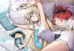  1girl armpits bed belt blonde_hair blue_archive blush breasts character_doll commentary_request computer eyewear_removed glasses headphones highres kotama_(blue_archive) laptop long_hair necktie one_eye_closed pillow school_uniform small_breasts solo violet_eyes waking_up 