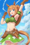  1girl :d animal_ears arm_up armpits bangs bare_shoulders belt belt_buckle blue_eyes blue_sky blush breasts brown_belt brown_gloves brown_hair buckle clouds cloudy_sky commentary_request cowboy_shot day eyebrows_visible_through_hair fringe_trim gloves green_skirt hair_between_eyes hair_ornament hand_up highres holstered_weapon horse_ears horse_girl horse_tail looking_at_viewer medium_breasts monoku navel open_mouth outdoors print_skirt revolver skirt sky smile solo standing star_(symbol) star_hair_ornament star_print taiki_shuttle_(umamusume) tail umamusume 