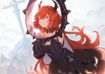  1girl arknights collar demon_girl demon_horns dress evening highres horns kneehighs long_hair looking_at_viewer redhead solo spiked_collar spikes surtr_(arknights) violet_eyes yan_er10 