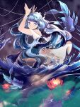  1girl arms_up bangs blue_eyes blue_hair blurry blurry_foreground dress fish kotokuwu lily_pad long_hair looking_at_viewer night night_sky original outdoors sky smile string water 
