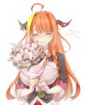  1girl absurdres ahoge bangs bouquet bow braid breasts commentary_request dragon_girl dragon_horns eyebrows_visible_through_hair facing_viewer flower highres holding holding_bouquet hololive horn_bow horns kiryu_coco large_breasts long_hair noto_hams orange_hair simple_background single_braid smile solo thank_you white_hair 