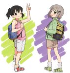  2girls :d ;) arm_up backpack bag bangs bare_shoulders black_hair blue_bag blush brown_legwear brown_shorts camisole commentary eyebrows_visible_through_hair full_body green_eyes green_footwear green_jacket grey_hair grey_legwear grin hair_ornament hairclip happy highres holding_strap jacket kuraue_hinata long_sleeves looking_at_viewer looking_back loose_socks meis_(terameisu) multicolored multicolored_background multiple_girls one_eye_closed open_mouth pink_camisole red_footwear shoes short_hair short_twintails shorts smile sneakers standing twintails v violet_eyes white_shorts yama_no_susume yellow_bag yukimura_aoi 