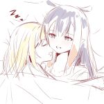  2girls blonde_hair closed_eyes desutruction drooling fang highres hololive hololive_english light_blush lying multiple_girls ninomae_ina&#039;nis on_back on_side open_mouth parted_lips pointy_ears purple_hair sleeping tentacle_hair virtual_youtuber watson_amelia yuri zzz 
