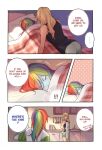  ! !! ... 2girls ? applejack apron bare_shoulders blonde_hair closed_eyes commentary_request dcon_34 english_text eyebrows_visible_through_hair highres image_sample kitchen light_blush lying multicolored_hair multiple_girls my_little_pony on_side pillow rainbow_dash sink speech_bubble twitter_sample yuri 