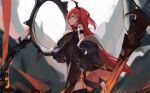  1girl absurdres arknights breasts collar demon_girl demon_horns dress highres horns huge_filesize kneehighs long_hair looking_at_viewer redhead roupo99 solo spiked_collar spikes surtr_(arknights) sword violet_eyes weapon 