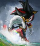  1boy animal_nose bracelet closed_mouth clouds cloudy_sky english_commentary furry gloves highres jewelry looking_back male_focus red_eyes running rythayze shadow_the_hedgehog sky solo sonic_(series) water white_gloves 