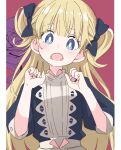  1girl bangs black_bow blonde_hair blue_eyes blunt_bangs bow emilyko eyebrows_visible_through_hair hair_bow ixy long_hair looking_at_viewer open_mouth red_background shadows_house simple_background solo two_side_up upper_body 