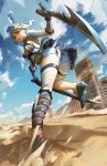  1girl absurdres bandages clouds foreshortening high_heels highres holding_hands kaine_(nier) kuno_(runkunochan) lingerie looking_at_viewer nier_(series) outdoors running short_hair sky underwear weapon white_hair 