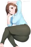  1girl absurdres arm_up ass blue_shirt blush breasts brown_eyes brown_hair closed_mouth collared_shirt dated dress_shirt feet_out_of_frame green_pants highres idolmaster idolmaster_cinderella_girls long_sleeves looking_at_viewer lying medium_breasts mizuki_seira on_side onao pants shirt short_hair simple_background smile solo white_background 