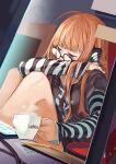  1girl absurdres ahoge bangs behind-the-head_headphones black-framed_eyewear black_shirt blunt_bangs coffee_cup coffee_mug cup desk detexted disposable_cup glasses headphones highres keyboard_(computer) long_hair long_sleeves monitor mug orange_hair persona persona_5 print_shirt sakura_futaba shirt solo third-party_edit 