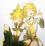  1boy 1girl ascot bass_clef beamed_sixteenth_notes belt between_legs blonde_hair blush bow brother_and_sister closed_mouth collarbone crop_top detached_sleeves eighth_note hair_bow hair_ornament hairclip hand_between_legs highres index_finger_raised kagamine_len kagamine_rin leg_warmers music musical_note necktie number_tattoo open_mouth pogpa47985618 quarter_note sailor_collar shirt shorts shoulder_tattoo siblings singing sitting sketch sleeveless sleeveless_shirt spoken_musical_note tattoo treble_clef twins vocaloid 