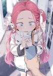  1girl @_@ bee_(deadflow) blue_archive blue_eyes blurry blurry_background blush bow braid cellphone hair_bow highres holding holding_phone jacket long_hair long_sleeves open_mouth phone pov pov_hands redhead smartphone solo_focus translation_request white_jacket yuzu_(blue_archive) 