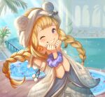  1girl blonde_hair cagliostro_(granblue_fantasy) granblue_fantasy grin highres long_hair one_eye_closed poolside ru_chochocho smile solo violet_eyes 