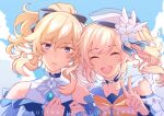  2girls blonde_hair blue_eyes dakiarts genshin_impact looking_at_viewer multiple_girls ponytail siblings sisters smile twintails 