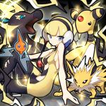  1girl ampharos arm_support bangs bare_shoulders blonde_hair blue_eyes breasts dress electricity elesa_(pokemon) gen_1_pokemon gen_2_pokemon gen_4_pokemon gen_5_pokemon gym_leader headphones highres jolteon leaning_back looking_at_viewer mi-ko_(meeco35) pokemon pokemon_(game) pokemon_bw rotom short_dress short_hair sideboob sitting sparkle tight tight_dress yellow_dress zebstrika 