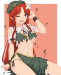  1girl blue_eyes braid breasts burnt_clothes hair_ribbon hat highres hong_meiling long_hair midriff miyo_(ranthath) one_eye_closed open_mouth panties redhead ribbon sitting star_(symbol) string_panties torn_clothes touhou twin_braids under_boob underwear 