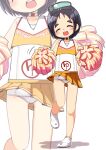  1girl bangs black_hair cheerleader closed_eyes crop_top crop_top_overhang facing_viewer full_body highres holding holding_pom_poms kantai_collection maru-yu_(kancolle) midriff nassukun open_mouth parted_bangs pleated_skirt pom_poms round_teeth school_swimsuit shirt short_hair skirt sleeveless sleeveless_shirt solo swimsuit swimsuit_under_clothes teeth thick_eyebrows upper_teeth white_swimsuit zoom_layer 