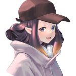  1girl :d baseball_cap black_eyes black_hair commentary drawstring english_commentary eufrik fang hat headphones headphones_around_neck highres hololive hololive_english hood hood_down hoodie mole mole_under_eye ninomae_ina&#039;nis open_mouth pointy_ears simple_background smile solo upper_body virtual_youtuber white_background white_hoodie 