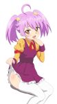  1girl :d ahoge aoi_nika belt beyblade beyblade:_burst bright_pupils brown_eyes clothes_lift collared_shirt covering_mouth dress dress_lift fang hand_over_own_mouth highres invisible_chair juliet_sleeves long_sleeves looking_at_viewer neck_ribbon open_mouth puffy_sleeves purple_dress purple_hair red_ribbon ribbon shirt sincos sitting smile solo thigh-highs twintails white_legwear white_pupils wing_collar yellow_shirt 