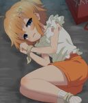  1girl ahoge blonde_hair blouse blue_eyes blush bound bound_wrists crying hair_ornament hairclip highres imminent_rape looking_at_viewer lying on_side orange_shorts parted_lips ponytail re:stage! shikimiya_mana shorts sincos socks solo tears white_blouse white_legwear 
