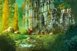  1other anato_finnstark artist_name cape commentary crown day english_commentary forest from_side grass highres moss nature original outdoors red_cape rock ruins scenery sword tree weapon 