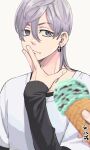  1boy 1other absurdres bangs closed_mouth earrings food food_on_face grey_eyes grey_hair hair_between_eyes hand_up highres holding holding_food ice_cream ice_cream_cone jewelry long_hair long_sleeves looking_at_viewer male_focus meimei_(cb_mei) mitsuya_takashi shirt simple_background single_earring sleeves_past_wrists solo tokyo_revengers upper_body white_background white_shirt 