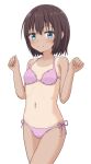  1girl bangs bare_arms bare_shoulders bikini blue_eyes blush breasts brown_hair closed_mouth commentary_request eyebrows_visible_through_hair hair_between_eyes hands_up highres hippo_(hirople) looking_at_viewer navel one-piece_tan original pink_bikini short_hair side-tie_bikini simple_background small_breasts smile solo swimsuit tan tanline white_background 