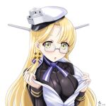  1girl black_sweater blonde_hair blue_neckwear breasts commentary_request glasses hat kantai_collection large_breasts long_hair looking_at_viewer military military_uniform neck_ribbon northampton_(kancolle) open_clothes peaked_cap ribbed_sweater ribbon simple_background solo sweater tk8d32 uniform upper_body white_background white_headwear yellow_eyes 