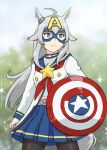  1girl animal_ears bangs blue_eyes blue_sailor_collar blue_skirt captain_america highres holding holding_shield horse_ears horse_girl horse_tail jacket long_hair long_sleeves marvel mask neckerchief oguri_cap_(umamusume) parody pleated_skirt red_neckwear sailor_collar school_uniform serafuku shield shirt sidelocks silver_hair skirt solo tail ueyama_michirou umamusume white_jacket white_shirt 