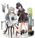  2girls absurdres beret black_footwear black_headwear black_skirt blue_eyes blue_hair box bronya_zaychik chair drill_hair fashion grey_eyes grey_hair hat highres holding_hands honkai_(series) honkai_impact_3rd kuo_(kuo114514) long_hair long_sleeves looking_at_viewer multiple_girls open_mouth plant seele_vollerei simple_background sitting skirt smile twin_drills umbrella white_background white_legwear white_skirt yuri 