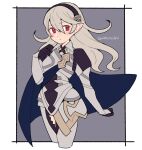  1girl armor armored_dress black_gloves blue_cape blush breastplate breasts cape closed_mouth clothing_cutout corrin_(fire_emblem) corrin_(fire_emblem)_(female) do_m_kaeru eyebrows_visible_through_hair fire_emblem fire_emblem_fates gauntlets gloves grey_hair hair_between_eyes hairband long_hair looking_at_viewer manakete pointy_ears puffy_sleeves red_eyes solo thigh_cutout twitter_username 