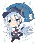  1girl anchor_symbol black_legwear black_sailor_collar black_skirt blue_eyes blue_umbrella chibi flat_cap full_body hat hibiki_(kancolle) hizuki_yayoi horosho kantai_collection long_hair neckerchief pleated_skirt rain red_neckwear sailor_collar school_uniform serafuku silver_hair simple_background skirt solo teruterubouzu thigh-highs umbrella white_background 