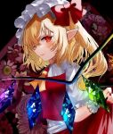  1girl ascot bangs blonde_hair bow collared_shirt crystal fingernails flandre_scarlet flower hair_over_one_eye hat hat_bow hat_ribbon medium_hair mob_cap one_side_up parted_lips pointy_ears puffy_short_sleeves puffy_sleeves red_bow red_eyes red_nails red_ribbon red_skirt red_vest ribbon sakizaki_saki-p shirt short_sleeves side_ponytail skirt skirt_hold skirt_set solo touhou vest white_headwear white_shirt white_wristband wings wristband yellow_ascot 
