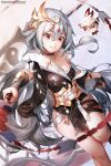  1girl asc11 bare_shoulders bird blue_eyes chicken fu_hua fu_hua_(herrscher_of_sentience) gloves grey_hair hair_between_eyes hair_ornament highres holding holding_sword holding_weapon honkai_(series) honkai_impact_3rd legs long_hair looking_at_viewer open_mouth red_eyes solo sword teeth thighs weapon white_background yin_yang 