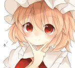  1girl bangs blonde_hair blush closed_mouth dress eyebrows_visible_through_hair eyes_visible_through_hair finger_to_face flandre_scarlet hair_between_eyes hand_up hat highres hyaku_paasento looking_at_viewer red_dress red_eyes short_hair simple_background smile solo the_embodiment_of_scarlet_devil touhou white_background white_headwear white_sleeves yellow_neckwear 