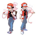  1boy backpack bag baseball_cap black_shirt brown_bag brown_hair commentary_request gen_1_pokemon hands_up hat holding holding_poke_ball holding_strap jacket lower_teeth male_focus mew mythical_pokemon newo_(shinra-p) open_clothes open_jacket open_mouth pants poke_ball poke_ball_(basic) pokemon pokemon_(creature) pokemon_(game) pokemon_rgby red_(pokemon) red_headwear shirt shoes short_hair short_sleeves simple_background spiky_hair standing sweatdrop white_background white_footwear 