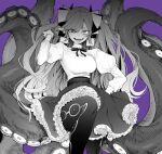  1girl bangs breasts commentary_request fangs frilled_skirt frills greyscale hair_between_eyes hair_ribbon hand_in_hair highres horns large_breasts long_hair long_sleeves looking_at_viewer maki_keigo monochrome neck_ribbon open_mouth original pantyhose puffy_long_sleeves puffy_sleeves purple_background ribbon shirt simple_background skirt solo tentacles tongue tongue_out turtleneck 