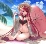  1girl absurdres arknights bangs bare_legs bare_shoulders barefoot beach beach_towel beach_umbrella bikini black_bikini blue_sky clouds commentary_request day eyebrows_visible_through_hair flower hair_flower hair_ornament hat highres horns long_hair looking_at_viewer navel ocean off_shoulder pointy_ears red_eyes redhead sitting sky smile solo stomach swimsuit thighs towel umbrella very_long_hair vigna_(arknights) vigna_(casual_vacation)_(arknights) water xila_qian_tang_shi yellow_flower yokozuwari 