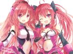  2girls ahoge bow breasts collar grace_(sound_voltex) kasane_(cynthia) long_hair looking_at_viewer multiple_girls navel pink_eyes pink_hair rasis smile sound_voltex twintails very_long_hair 