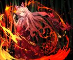  1girl bamboo bamboo_forest bow eyebrows_visible_through_hair eyes_visible_through_hair fire forest fujiwara_no_mokou hair_between_eyes hair_bow hand_in_pocket hand_up highres long_hair looking_at_viewer multicolored_bow nature pants red_bow red_eyes red_pants short_sleeves sleeveless smile solo standing sunyup teeth touhou white_bow white_hair 