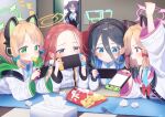  5girls :d angry animal_ears arisu_(blue_archive) arm_up bag_of_chips bangs black_hair black_hairband black_vest blonde_hair blue_archive blue_bow blue_eyes blue_neckwear blush bow brown_hair cat_ear_headphones cat_ears chips closed_mouth collared_shirt commentary_request covered_mouth eyebrows_visible_through_hair fake_animal_ears food food_in_mouth forehead game_console green_eyes hair_between_eyes hair_bow hairband halo hands_up headband headphones holding jacket kokone_(coconeeeco) long_sleeves midori_(blue_archive) momoi_(blue_archive) multiple_girls necktie nintendo_switch open_mouth opening_door potato_chips purple_hair red_bow school_uniform shirt siblings side_ponytail sidelocks smile tissue_box twins twintails two_side_up used_tissue vest violet_eyes white_jacket white_shirt wide_sleeves yuuka_(blue_archive) yuzu_(blue_archive) 