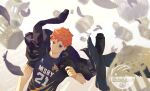  1boy absurdres bangs brown_hair cage chatutuan dutch_angle feathers haikyuu!! highres hinata_shouyou jacket jacket_on_shoulders looking_at_viewer male_focus orange_hair short_hair solo sportswear twitter_username upper_body volleyball_uniform 